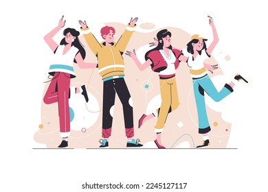 Los jóvenes saltan. Los amigos bailan y disfrutan. Juntos. Trabajo en equipo. С. Adolescentes felices y elegantes hombres y mujeres. Ilustración vectorial para banner web, infografía, teléfono móvil. Disfruta la vida.