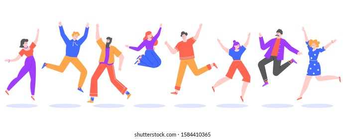 Young people jump. Jumping students, excited, smiling group of happy teenagers, joyful young people jumped together isolated vector illustration. Successful male and female winners cartoon characters