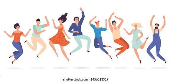 Young people jump. Jumping teenagers group, happy teen laughing students and smiling excited people. Freedom human team, student characters group success happiness jumped flat vector illustration