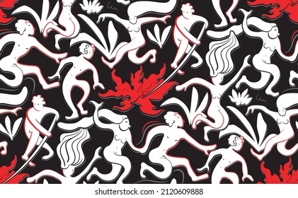 Young people jump through the fire. Seamless vector pattern