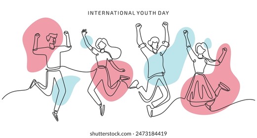 Young people jumping continuous line drawing. International youth day concept. Vector illustration minimalist design hand drawn.