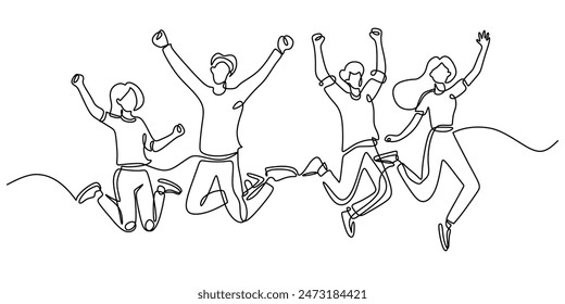 Young people jumping continuous line drawing. Joy, pleasure, success and victory concept in business company. Vector illustration minimalist design hand drawn.