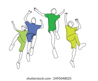 Young people jumping continuous line drawing. Joy, pleasure, success and victory concept in business company. Vector illustration minimalist design hand drawn.