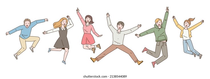 Young People Are Jumping Happily. Dynamic Character. Outline Simple Vector Illustration.