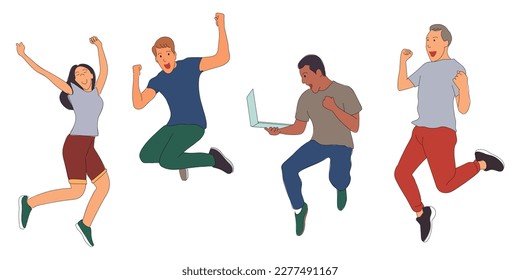 Young people are jumping happily. dynamic character. outline simple vector illustration.