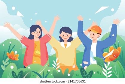 Young people are jumping, May 4th youth festival characters vector illustration