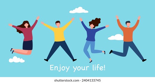 Young people jumping on blue sky background. Happy male and female teenagers celebrate their success. Enjoy your life.