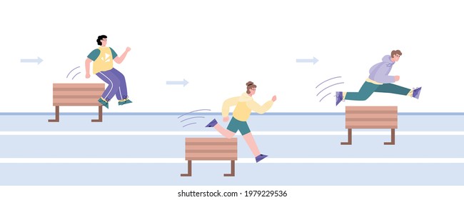 Young people jumping over obstacles or barriers, flat cartoon vector illustration isolated on white background. Overcoming obstacles and goals achievement, competition.