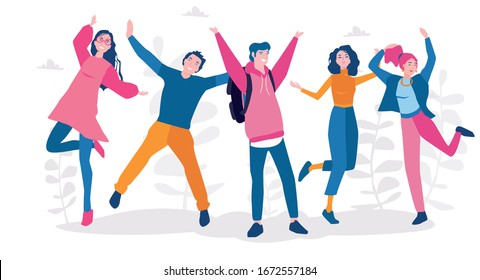 Young people jumping . Stylish happy male and female teenagers. Vector illustration for web banner, infographics, mobile. Enjoy your life