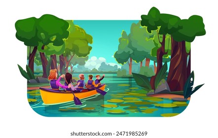 Young people kayaking on tropical river. Vector cartoon illustration of men and women sitting in wooden boat with oars in hands, paddling on lake in green rainforest with trees, active vacation