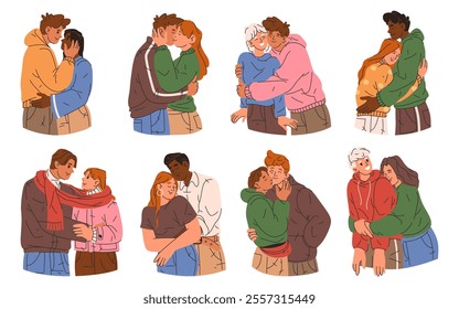 Young people are kissing and hugging, vector set. Collection of couples in love or friends embracing each other. Romantic relationship or friendship. Tender feelings, hugs and kisses. Valentines day.