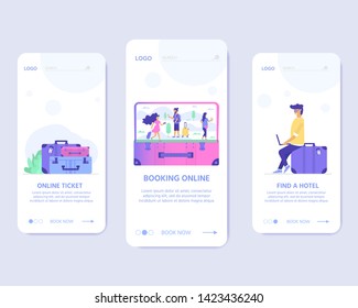 Young people with laptop, bag and baggage. Travel and tourism concept for website template, online booking reservation, landing page, banner, flight tickets service. Vector illustration