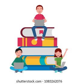 young people with laptop and books