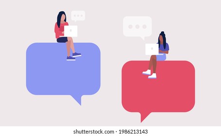Young people with laptop sit on speech bubbles. Online communication concept. Vector illustration in a flat style