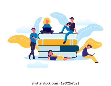 Young people learn and gain knowledge. Flat cartoon design of students learn on books for posters, banners, websites, booklets, flyers, cards. Vector illustration