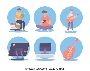young people learning icon set