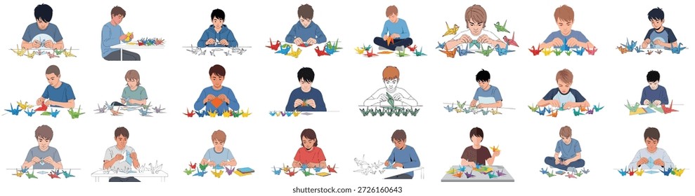 Los jóvenes aprenden y practican el arte japonés del origami, doblando grúas de papel de colores, creatividad, artesanía y conjunto de ilustraciones de educación.
