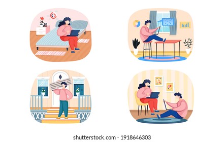 Young people learning or studying at home. Freelancers or students working online in laptops, tablets in cosy atmosphere with plants in room. Self-employed people work in convenient conditions