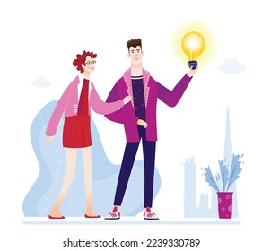 Young people with light bulb as symbol of finding solution and thinking out of box. 