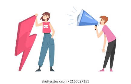 Young people with lightning and megaphone cartoon vector illustration