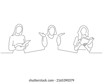 Young people in line art drawing style. Composition of three persons making expressions. Black linear sketch isolated on white background. Vector illustration design.