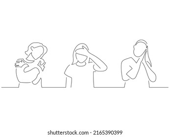 Young people in line art drawing style. Composition of three persons making expressions. Black linear sketch isolated on white background. Vector illustration design.