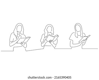 Young people in line art drawing style. Composition of three persons making expressions. Black linear sketch isolated on white background. Vector illustration design.