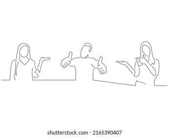 Young people in line art drawing style. Composition of three persons making expressions. Black linear sketch isolated on white background. Vector illustration design.