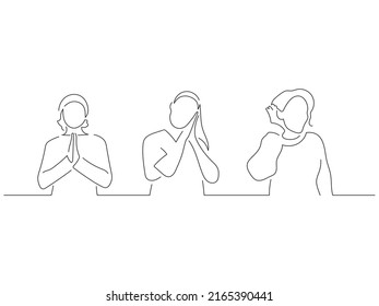 Young people in line art drawing style. Composition of three persons making expressions. Black linear sketch isolated on white background. Vector illustration design.