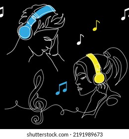 Young people listen to music in headphones. Vector pattern on black background with musical notes, treble clef sign, young people. One continuous line art drawing.