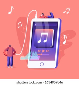 Young People Listen Music on Mobile Phone Application Concept. Tiny Male and Female Characters Wearing Headphones Enjoying Sound Composition, Dancing and Relaxing. Cartoon Flat Vector Illustration