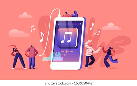 Young People Listen Music on Mobile Phone Application Concept. Tiny Male and Female Characters Wearing Headphones Enjoying Sound Composition, Dancing and Relaxing. Cartoon Flat Vector Illustration