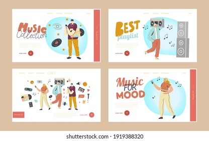 Young People Listen Playlist Landing Page Template Set. Characters in Headphones Enjoying Sound Composition on Music Player or Mobile Phone Application, Relaxing People. Cartoon Vector Illustration