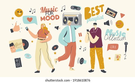 Young People Listen Playlist with Sound Composition on Music Player or Mobile Phone Application. Male and Female Characters Wearing Headphones Enjoying and Relaxing. Cartoon People Vector Illustration