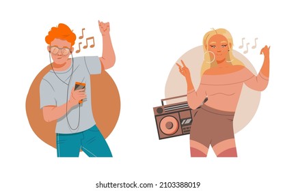 Young people listening to music and dancing set. Music lovers enjoying of listening music on smartphone and boombox vector illustration