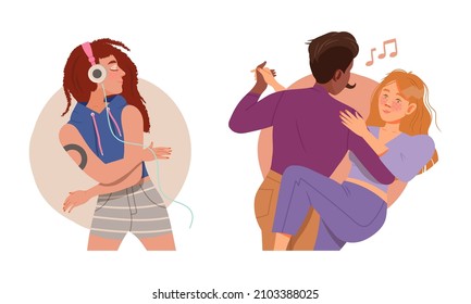 Young people listening to music and dancing set vector illustration