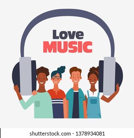 Young people listening to music with headphones 