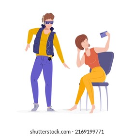 Young people listening to music and making selfie. Stylish guy in fashionable outfit listening music with headphones. Beautiful girl sitting on chair and photographing with smartphone flat vector