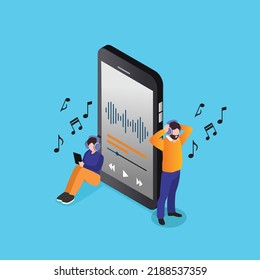 Young people listens to music from a mobile phone isometric 3d vector illustration concept for banner, website, illustration, landing page, flyer, etc.