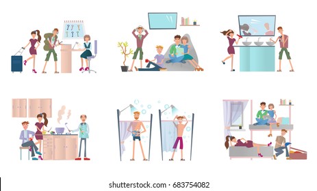 Young people living in hostel. Men and women in cheap hotel. Vector illustration set, isolated on white background.