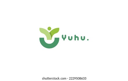 Young People Logo. Green Leaf with Initial Letter Y Human Icon inside isolated on Blue Background. Flat Vector Logo Design Template Element.