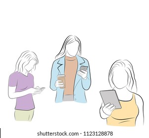 young people are looking into their gadgets. communication in social networks. vector illustration.