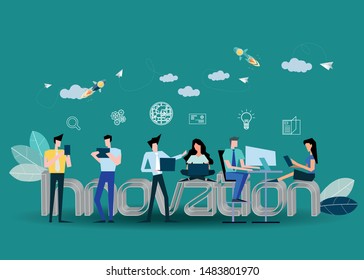 Young people looking for likes on social media - Text innovation,icon  Business/Finance  -  Creativity modern Idea and Concept illustration vector.
