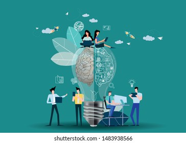 Young people looking for likes on social media  with Light bulbs Brain - Icon  Business/Finance  -  Creativity modern Idea and Concept illustration vector.