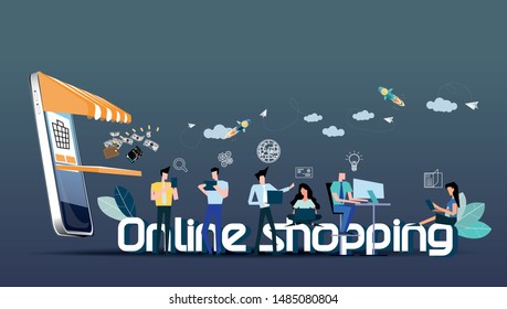 Young people looking for likes on social media with Text Online shopping  -  Creativity modern Idea and Concept illustration vector.