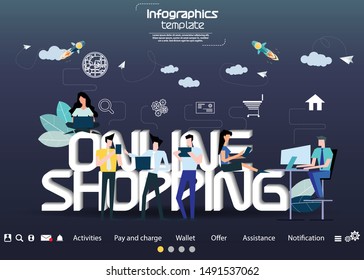 Young people looking for likes on social media - Text Online shopping,icon  Business/Finance  -  Creativity modern Idea and Concept illustration vector Infographics template.