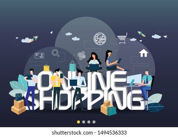 Young people looking for likes on social media - Text Online shopping,icon  Business/Finance  -  Creativity modern Idea and Concept illustration vector.
