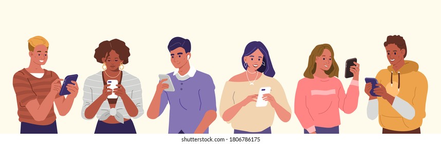 Young People Looking on Smartphones and Chatting. Happy Boys and Girls talking and typing on Phone. Female and Male Characters collection. Flat Cartoon Vector Illustration.