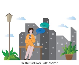 Young People Looking on Smartphones and Chatting. Happy Boys and Girls talking and typing on Phone. Flat Cartoon Vector