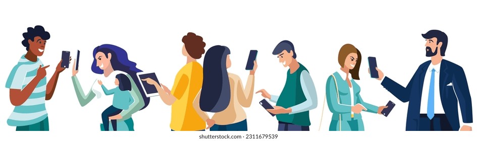 Young People Looking on Smartphones and Chatting. Happy Boys and Girls talking and typing on Phone. Female and Male Characters collection. Mother with child, human. Flat Cartoon Vector Illustration